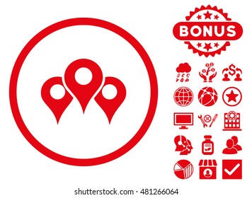 Locations icon with bonus. Vector illustration style is flat iconic symbols, red color, white background.