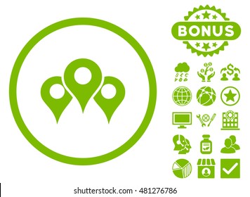 Locations icon with bonus. Vector illustration style is flat iconic symbols, eco green color, white background.