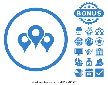 Locations icon with bonus. Vector illustration style is flat iconic symbols, cobalt color, white background.