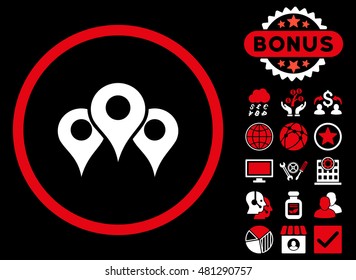 Locations icon with bonus. Vector illustration style is flat iconic bicolor symbols, red and white colors, black background.