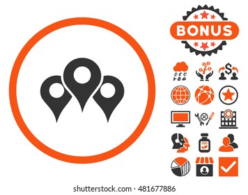 Locations icon with bonus. Vector illustration style is flat iconic bicolor symbols, orange and gray colors, white background.