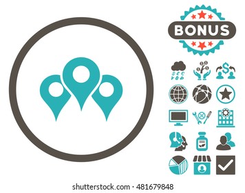 Locations icon with bonus. Vector illustration style is flat iconic bicolor symbols, grey and cyan colors, white background.