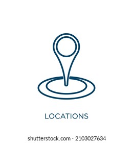 Orte Symbol. Dünne lineare Positionen umreißen Symbol einzeln auf weißem Hintergrund. Zeilenvektorstandzeichen, Symbol für Web und Mobile