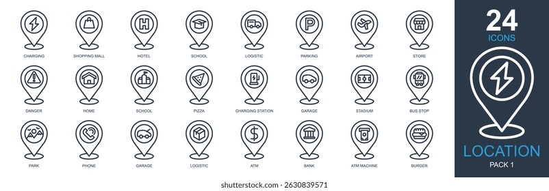 Ícones de locais definem ilustração de vetor. Contendo espaço reservado, mapas e localização, navegação, pin, gps e muito mais. Coleção de ícones de estrutura de tópicos simples.