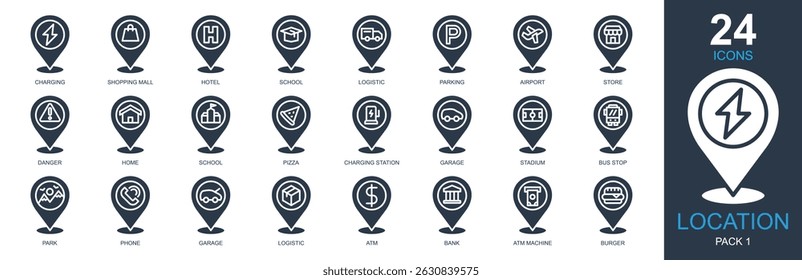Ícones de locais definem ilustração de vetor. Contendo espaço reservado, mapas e localização, navegação, pin, gps e muito mais. Coleção de ícones de glifo simples.