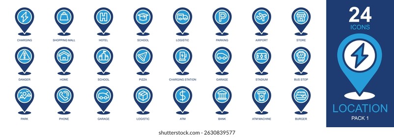Locaciones Los iconos establecen la Ilustración vectorial. Contiene marcador de posición, mapas y ubicación, navegación, pin, gps y más. Colección de iconos sólidos simples.