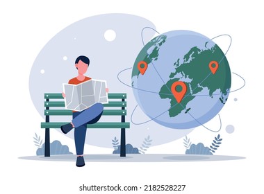 Orte auf der Erde. Man mit Karte wählt Länder zu besuchen, Touristen und Flüge. Globaler und transnationaler Handel, internationale Abkommen. Globalisierung und Wirtschaft. Cartoon-Flavektor-Vektorgrafik
