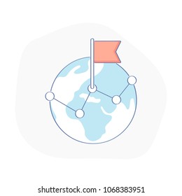 Locations on the map of the Earth. Geo positions, network, global communication, delivery points, location and connection of offices vector illustration concept. Geo pin with flag on Globe map.