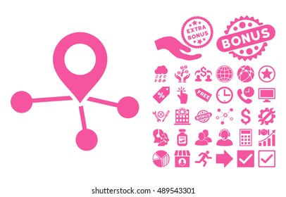 Locations pictograph with bonus symbols. Vector illustration style is flat iconic symbols, pink color, white background.