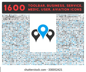 Locations vector icon and 1600 other business, service tools, medical care, software toolbar, web interface pictograms. Style is bicolor flat symbols, blue and gray colors, rounded angles, white