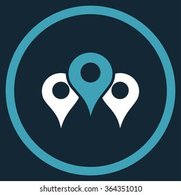 Locations vector icon. Style is bicolor flat circled symbol, blue and white colors, rounded angles, dark blue background.