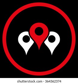 Locations vector icon. Style is bicolor flat circled symbol, red and white colors, rounded angles, black background.