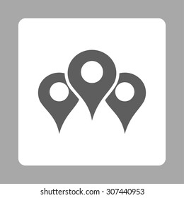 Locations vector icon. This flat rounded square button uses dark gray and white colors and isolated on a silver background.