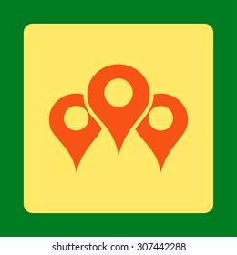 Locations vector icon. This flat rounded square button uses orange and yellow colors and isolated on a green background.