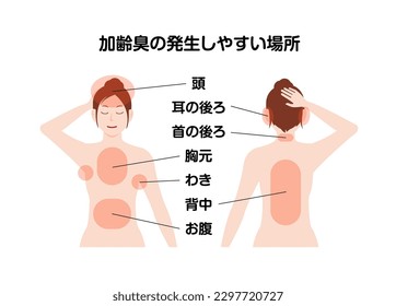 Locations where nonenal (Cause of  old person smell ) is generated frequently. Vector illustration. Translation: Head, Ear, Neck, Chest, Armpit, Back, Abdomen.