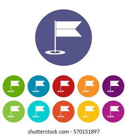 Locator flag set icons in different colors isolated on white background
