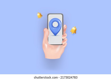 Marca de localizador del mapa y el pin de localización o símbolo de navegación en el móvil sobre fondo azul con concepto de búsqueda. Representación vectorial 3D.