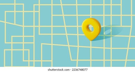 Locator mark on city map shows destination, address, geo position, gps coordinates. 3d pin icon placed on street crossroads as direction point