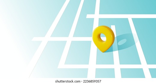 Locator mark on city map shows destination, address, geo position, gps coordinates. 3d pin icon placed on street crossroads as direction point