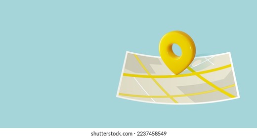 Locator mark on paper city map shows destination, address, geo position, gps coordinates. 3d pin icon placed on street crossroads as direction point
