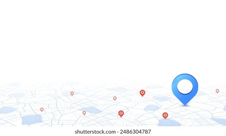 Locator position point. GPS tracking system to navigate around the city landmarks. Detailed city street map with directions to different locations. Vector illustration