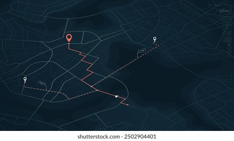 Locator position point. GPS tracking system to navigate around the city landmarks. Futuristic route dashboard gps isometric map tracking. Vector illustration.