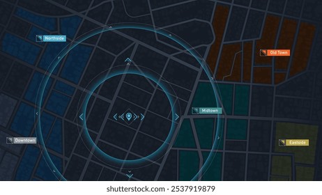 Ponto de posição do localizador. Sistema de rastreamento GPS para navegar pelos marcos da cidade. Detalhou mapa de ruas da cidade com direções para diferentes locais. Ilustração vetorial