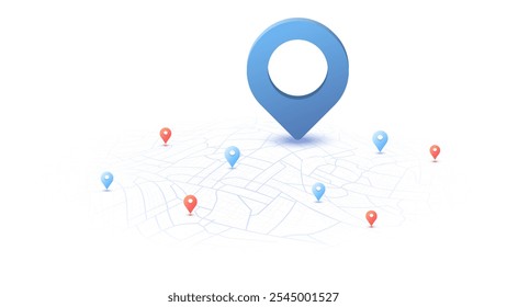 Locator position point. GPS tracking system to navigate around the city landmarks. Detailed city street map with directions to different locations. Vector illustration