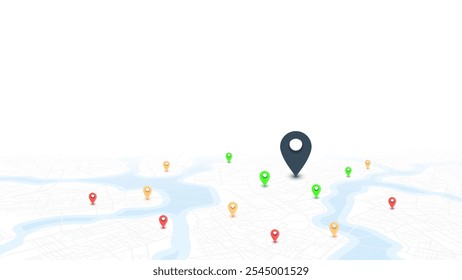 Locator position point. GPS tracking system to navigate around the city landmarks. Detailed city street map with directions to different locations. Vector illustration