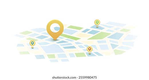 Locator position point. GPS tracking system to navigate around the city landmarks. Detailed city street map with directions to different locations. Vector illustration