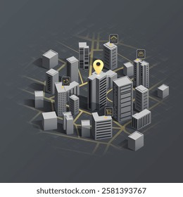 Locator position point. GPS tracking system to navigate around the 3d city landmarks. Detailed city street map with directions to different locations. Vector illustration