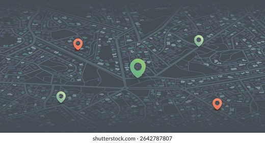 Locator position point. GPS tracking system to navigate around the city landmarks. Detailed city street map with directions to different locations. Vector illustration
