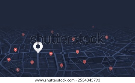 Locator position point. GPS tracking system to navigate around the city landmarks. Detailed city street map with directions to different locations. Vector illustration