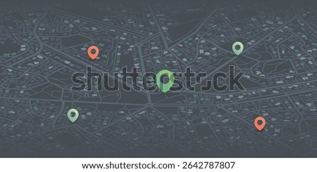 Locator position point. GPS tracking system to navigate around the city landmarks. Detailed city street map with directions to different locations. Vector illustration