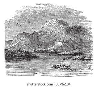 Loch Lomond on Highland Boundary Fault, Scotland, during the 1890s, vintage engraving. Old engraved illustration of Loch Lomond with moving ship in front. Trousset encyclopedia (1886 - 1891).