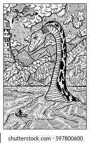 Loch Ness Lake Monster Nessie. Hand drawn vector illustration. Engraved line art drawing, black and white doodle.