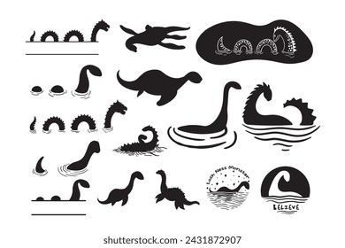 Loch Ness Monster Bundle, Nessie, Monograma dividido, Lochness, Monosaurio monstruo, plantilla, Loch Ness Clipart, Loch Ness, Vector, silueta monstruo