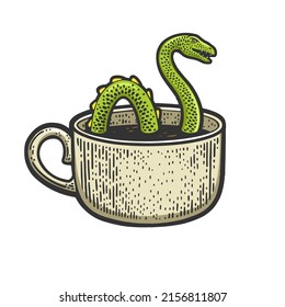 Loch Ness Monster in cup color sketch engraving vector illustration. T-shirt apparel print design. Scratch board imitation. Black and white hand drawn image.