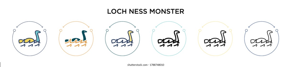 Loch ness monster icon in filled, thin line, outline and stroke style. Vector illustration of two colored and black loch ness monster vector icons designs can be used for mobile, ui, web