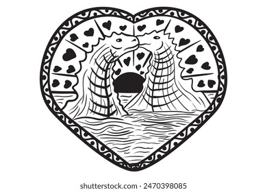 Loch Ness Monster Amor, Nessie, Monograma dividido, Lochness, Monstruo de dinosaurio, plantilla, archivos de corte, silueta de monstruo, Clipart, Ar