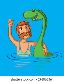 Loch Ness monster and man hugging in water