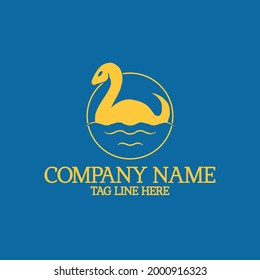 a loch ness monster nessie silhouette logo decorated with waves and circle, suitable to be used as a logo for companies in the field of protecting the lake, beach and marine environtment