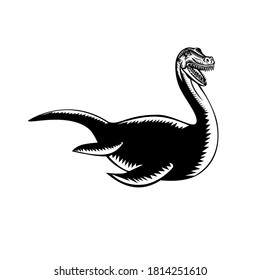 Loch Ness Monster or Nessie Swimming Retro Woodcut Black and White Style