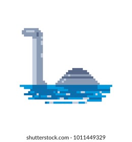 Loch Ness monster. Scotland country. Pixel art. Stickers design. Isolated vector illustration. 