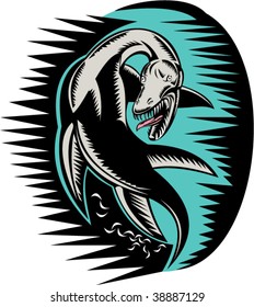 Loch Ness monster or sea serpent done in woodcut style