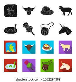 Loch Ness monster, thistle flower, unicorn, sporan. Scotland country set collection icons in black,flet style vector symbol stock illustration web.