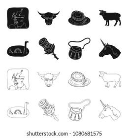 Loch Ness monster, thistle flower, unicorn, sporan. Scotland country set collection icons in black,outline style vector symbol stock illustration web.