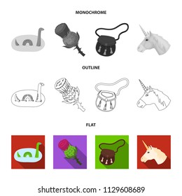 Loch Ness monster, thistle flower, unicorn, sporan. Scotland country set collection icons in flat,outline,monochrome style vector symbol stock illustration web.