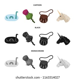Loch Ness monster, thistle flower, unicorn, sporan. Scotland country set collection icons in cartoon,black,monochrome style vector symbol stock illustration web.