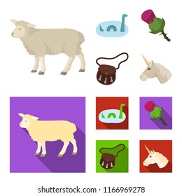 Loch Ness monster, thistle flower, unicorn, sporan. Scotland country set collection icons in cartoon,flat style vector symbol stock illustration web.